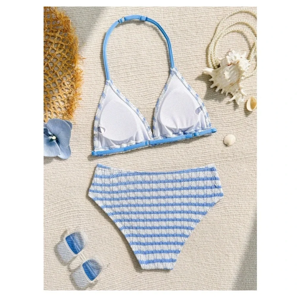 Girls Blue White Striped Smocked Halter Bikini Set Size 11Y